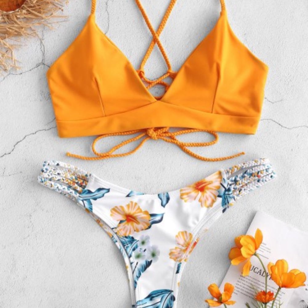 Zaful lace-up yellow flower bikini